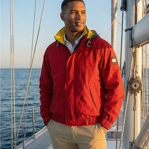 Vintage 90’s Tommy Hilfiger Sailing Yellow Hood & Red Flag Logo Windbreaker